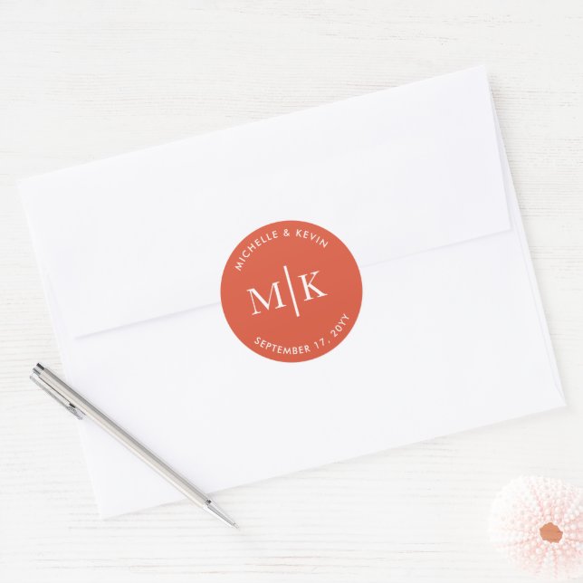 Monogram Initial Name Bride Groom Terracotta Classic Round Sticker (Envelope)