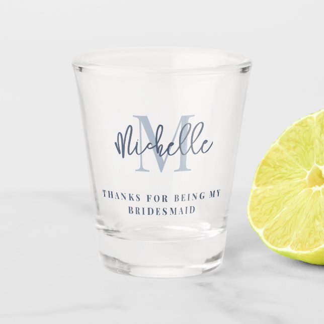 Monogram Initial Name Dusty Blue Thanks Bridesmaid Shot Glass (Front)
