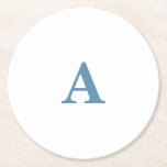Monogram Initial Name Dusty Blue White Simple Cool Round Paper Coaster<br><div class="desc">Designed with text template for monogrammed initial which you can customize!</div>