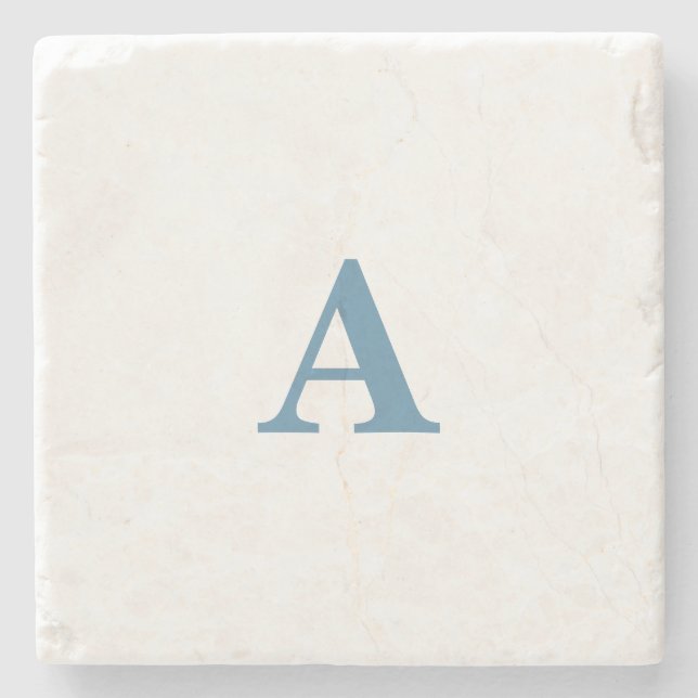 Monogram Initial Name Dusty Blue White Simple Cute Stone Coaster (Front)
