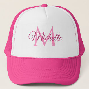 Monogram Initial Name For Her White And Hot Pink Trucker Hat