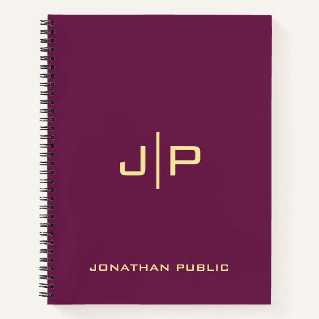 Monogram Initial Name Gold & Bordeaux Template Notebook (Front)