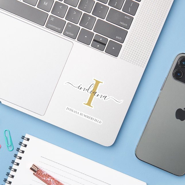 Monogram Initial Name Grey Gold Script Custom (Laptop w/ iPhone)