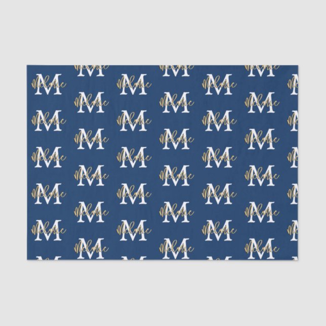 Monogram Initial Name Navy White Gold Pattern Tissue Paper (Front)