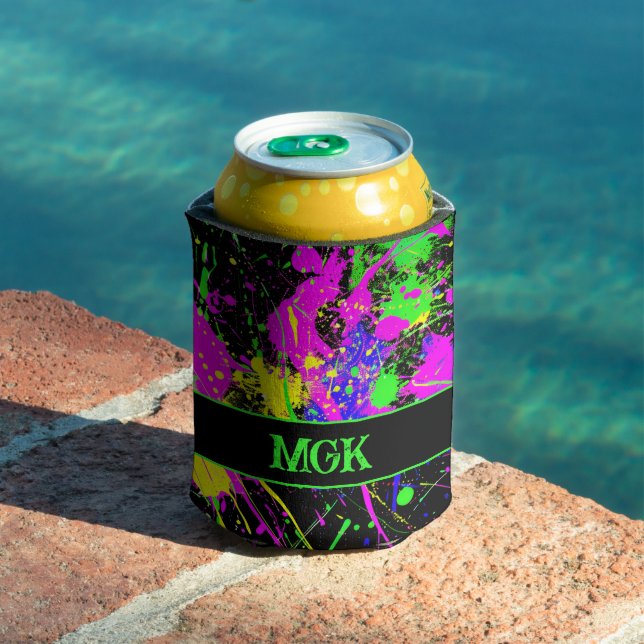 Monogram Initial Name Paint Splatter Glow Can Cooler (In Situ Pool)
