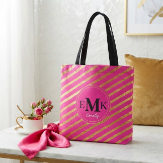 Monogram Initial & Name Pink and Gold Striped Tote Bag