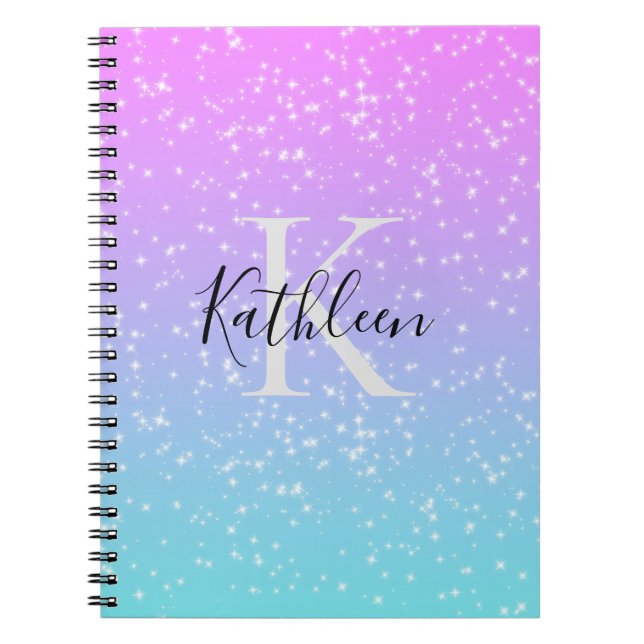 Monogram Initial Name Pink Blue Sparkle Girly  Notebook (Front)