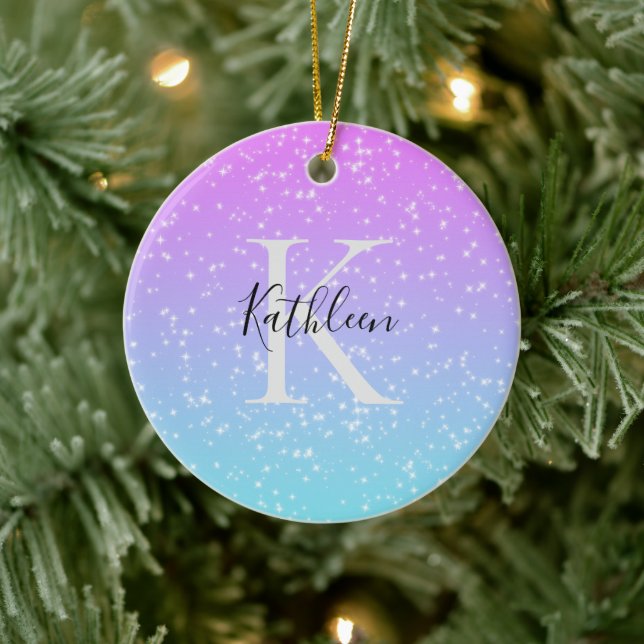 Monogram Initial Name Pink Blue Sparkle Ombre Ceramic Ornament (Tree)