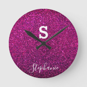 Monogram Initial Name Purple Pink Glitter Modern Round Clock