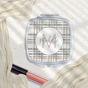 Monogram Initial Name Sage Dusty Pink Plaid Compact Mirror