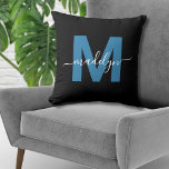 Monogram Initial Name Script Blue Throw Pillow<br><div class="desc">Simple Personalized Monogram Initial Name Script Blue Throw Pillow Home decor Interior Design. This chic monogram pillow blends modern minimalist style with a touch of sophistication, making it the perfect accent piece. Featuring a bold blue initial over a sleek black background and an elegant white script name, it’s a fresh...</div>