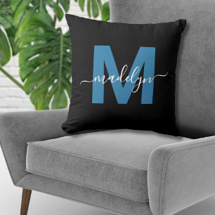 Monogram Initial Name Script Blue Throw Pillow