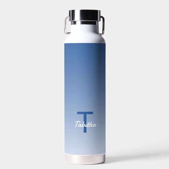 Monogram Initial Name Script Gradient Royal Blue Water Bottle (Front)