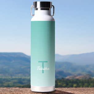 Monogram Initial Name Script Gradient Teal Green Water Bottle