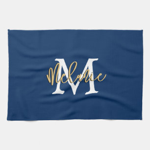 Monogram Initial Name Script Navy White Gold Kitchen Towel