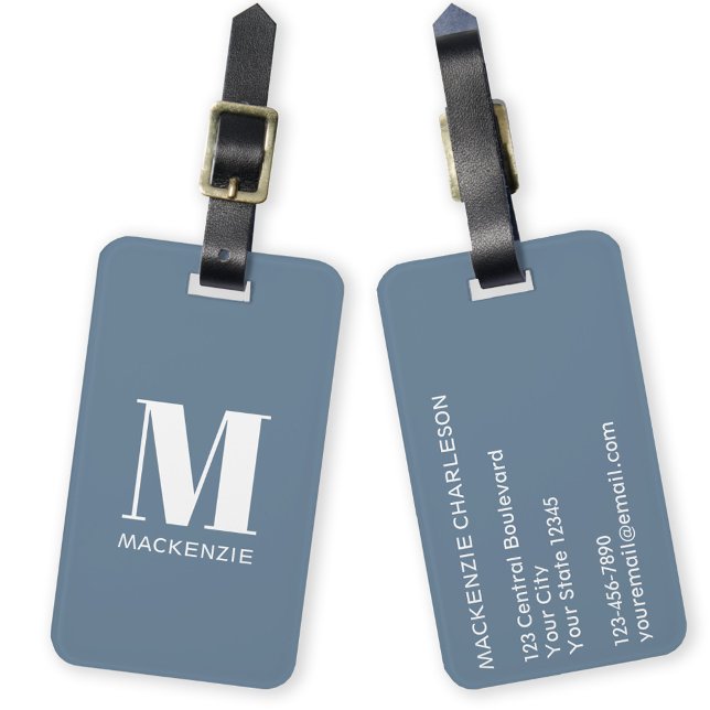 Monogram Initial Name Simple Dusty Blue Luggage Tag (Monogram initial custom name modern personalized minimalist luggage tag)