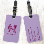 Monogram Initial Name Simple Lilac Cherry Pink Luggage Tag<br><div class="desc">Elevate your travel experience with this modern typography minimalist monogram initial name design in pastel lilac and cherry pink which can be changed to personalize. These stylish tags not only ensure your luggage stands out on the carousel but also add a personal touch to your travel essentials. Designed for easy...</div>