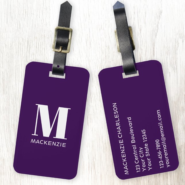 Monogram Initial Name Simple Plum Purple Luggage Tag (Modern monogram initial name personalized dark plum purple luggage tag)