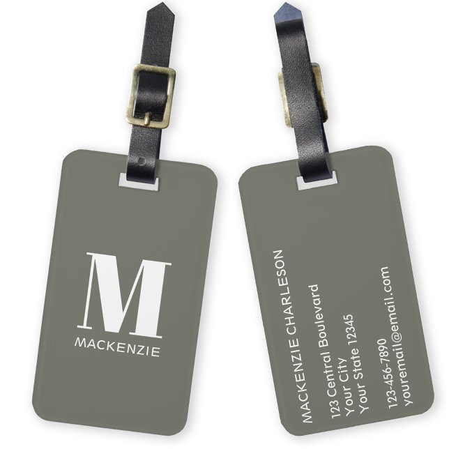 Monogram Initial Name Simple Sage Green Luggage Tag (Monogram initial custom name modern personalized minimalist luggage tag
)