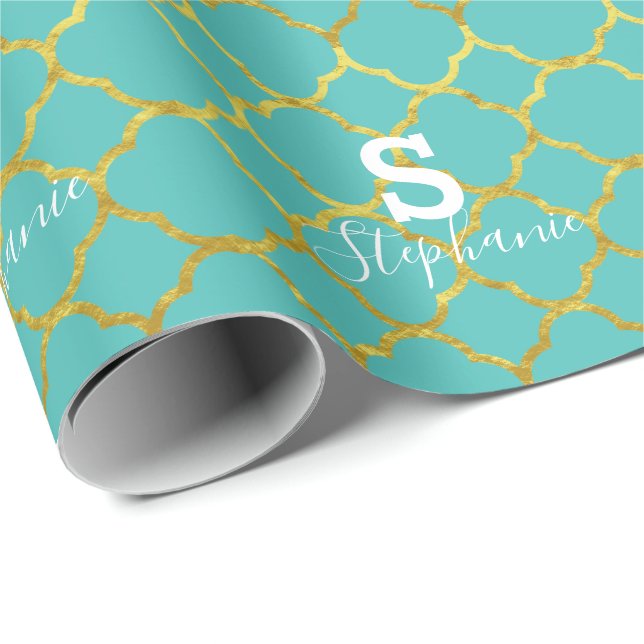Monogram Initial Name Teal Blue Gold Foil 2020 Wrapping Paper (Roll Corner)