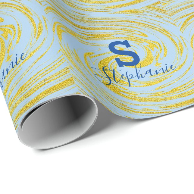 Monogram Initial Name Teal Blue Gold Glitter Cute Wrapping Paper (Roll Corner)
