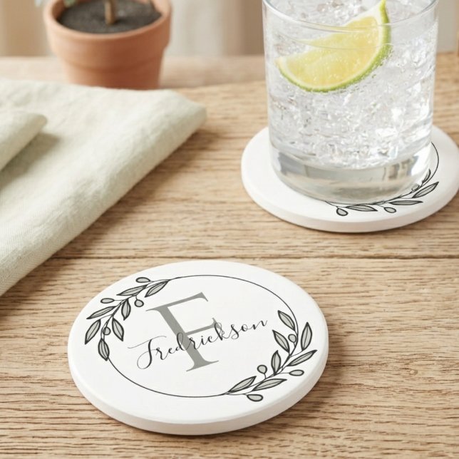 Monogram Initial Olive Wreath Nordic Minimalist Coaster (Minimalist monogram coaster with an olive wreath, perfect for a sophisticated housewarming gift.)