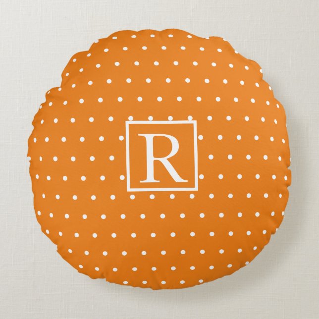 Monogram Initial Orange White Polka Dots Cute Round Pillow (Front)