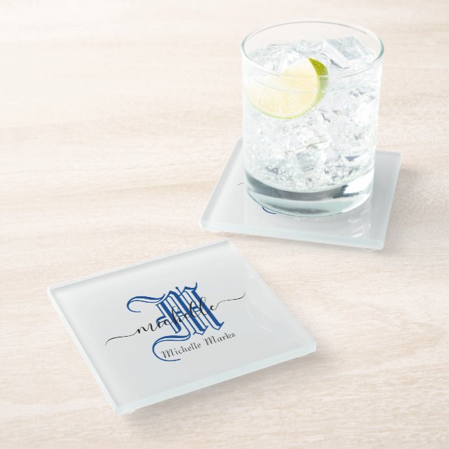 monogram initial personalized business name blue  glass coaster (Angled)