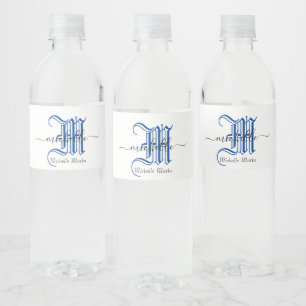 monogram initial personalized business name blue water bottle label