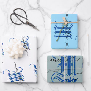 monogram initial personalized business name blue wrapping paper sheet