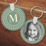 Monogram initial photo retro radial dot sage green keychain<br><div class="desc">Keyring featuring your monogram initial inside a retro radial dot border on a sage green background and a custom photo on the back.</div>
