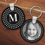 Monogram initial photo retro radial dots black keychain<br><div class="desc">Keyring featuring your monogram initial inside a white retro radial dot border on a black background and a custom photo on the back.</div>