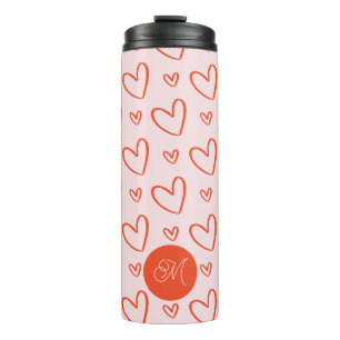 Monogram initial - pink and red heart pattern thermal tumbler