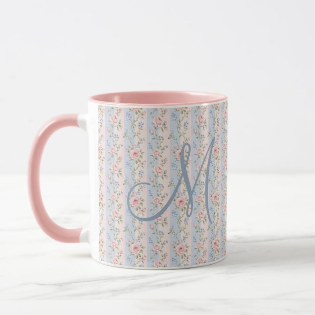 Monogram Initial Pink Blue Striped Floral Roses  Mug (Left)
