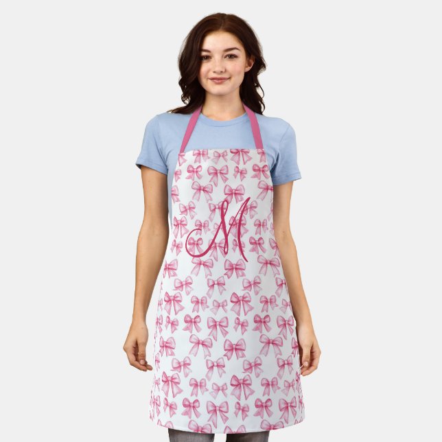 Monogram Initial Pink Bow Coquette Aesthetic Gift  Apron (Worn)
