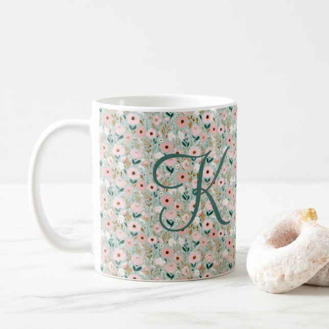 Monogram Initial Pink Green Watercolor Florals  Coffee Mug (With Donut)