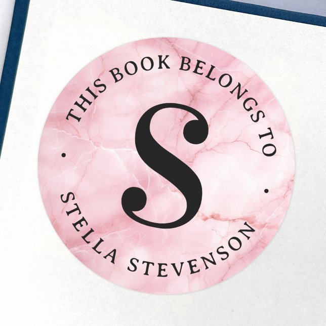 Monogram initial pink marble library book label (Monogram initial pink marble library book label)
