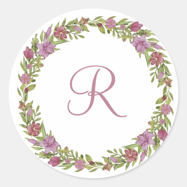 Monogram Initial Pink Purple Green Floral Wreath  Classic Round Sticker (Front)