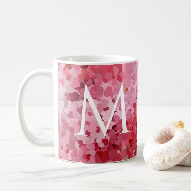 Monogram Initial Pink Red Violet Hearts Template Coffee Mug (With Donut)