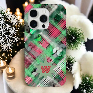 monogram initial plaid tartan red green festive iPhone 15 pro case