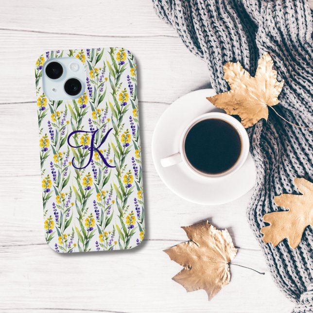 Monogram Initial Purple Yellow Wildflowers Trendy  Case-Mate iPhone Case (Purple yellow wildflowers monogram initial iPhone case.)
