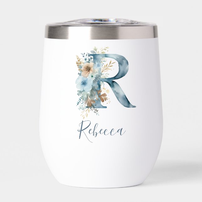 Monogram Initial R Blue Floral Watercolor Gift Her (Front)