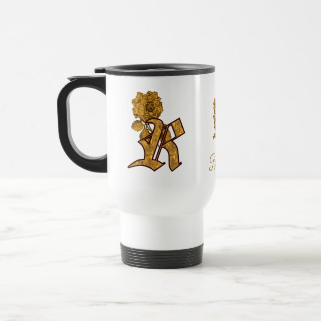 Monogram Initial R Elegant Gold Peony Personalized Travel Mug (Left)