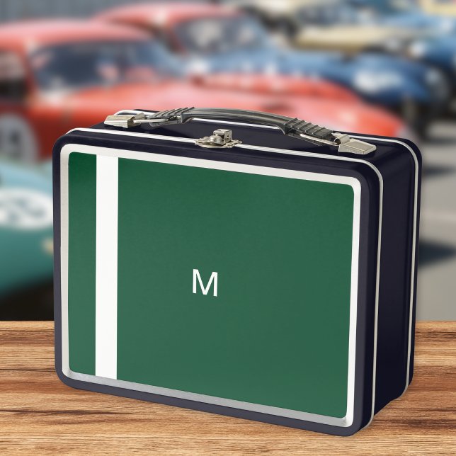 Monogram Initial Racing Green Stylish Retro Tin Metal Lunch Box (A stylish tin metal lunch box in British racing green, with monogram initial and simple white stripe)