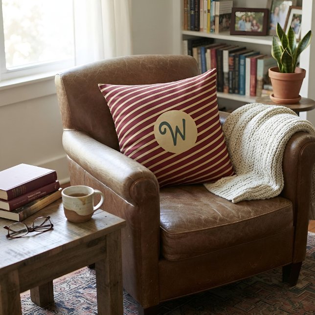 Monogram Initial Red Cream Stripes Preppy Script Throw Pillow (Creator Uploaded)