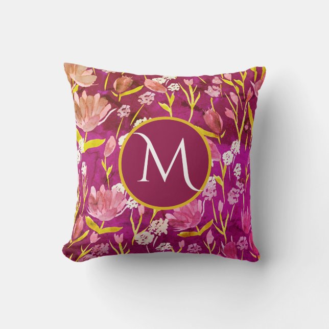 Monogram Initial Romantic Burgundy Floral   Throw Pillow (Front)