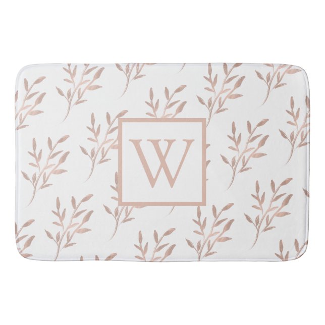 Monogram Initial Rose Gold Leaf  Bath Mat (Front)