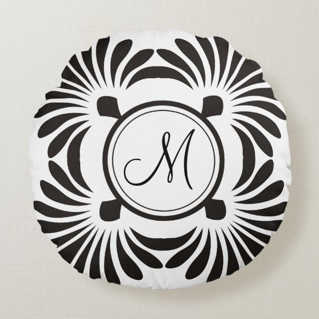 Monogram Initial Round Pillow-Black Floral Pillow (Front)
