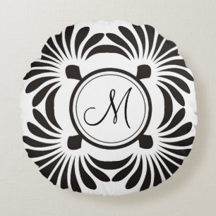 Monogram Initial Round Pillow-Black Floral Round Pillow