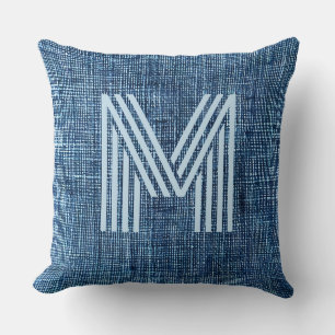 Monogram Initial Rustic Blue Denim Large Throw Pillow
